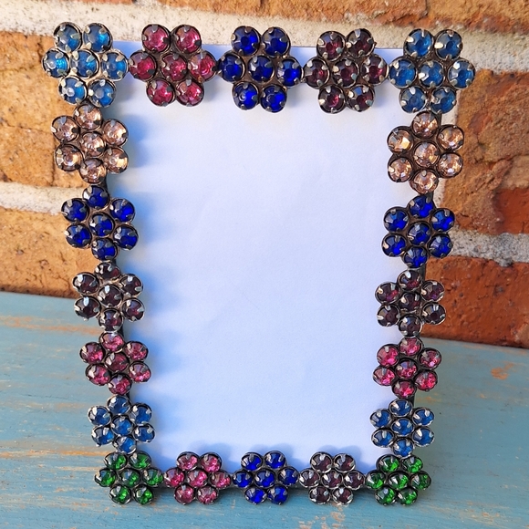 Jeweled Picture Frame Metal and Gemstone Flowers Multi Colored Jewel Tones - Picture 16 of 16